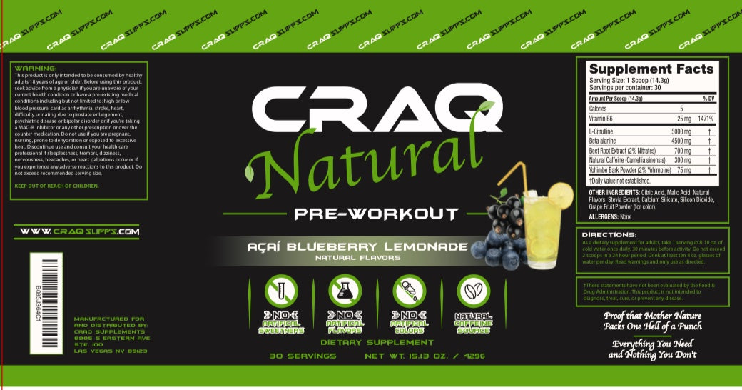 CRAQ Natural Pre-Workout Supplement-Acai Blueberry Lemonade
