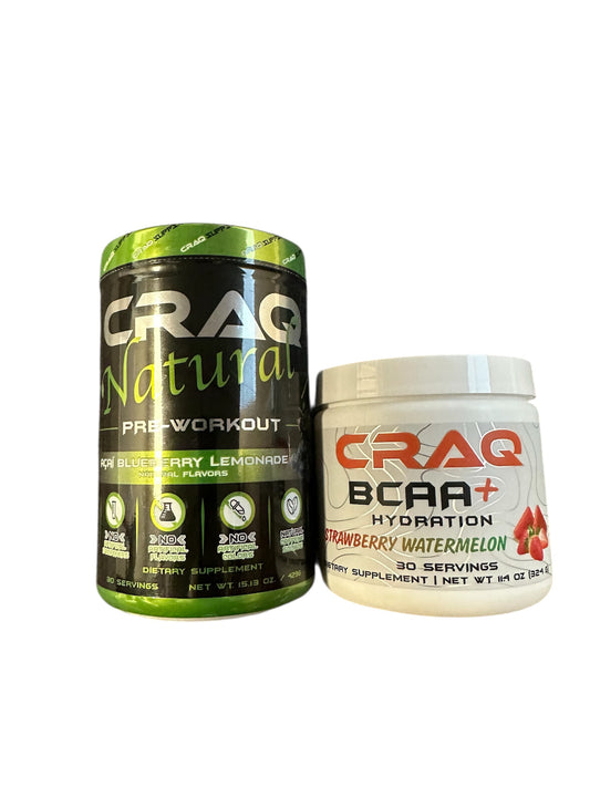 CRAQ Natural Pre-Workout Supplement & CRAQ BCAA+ Hydration Supplement Stack